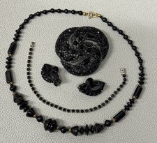 Vintage Art Deco Black Czech Glass Necklace Rhinestone Brooch Earrings Bracelet