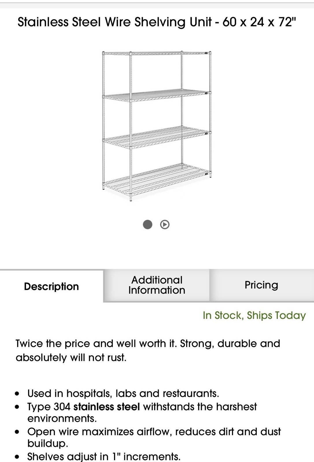 Stainless Steel 304 Wire Shelving Unit 60 x 24 x 72 in Adjustable Shelves