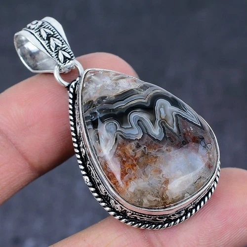 Laguna Lace Agate Gemstone 925 Sterling Silver Gift Jewelry Pendant 2.05" Z174