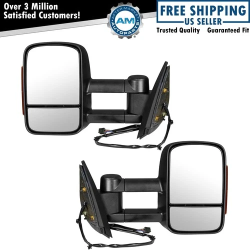 Tow Mirror Power Heated Signal Textured Black Pair Set for GM Pickup Truck New