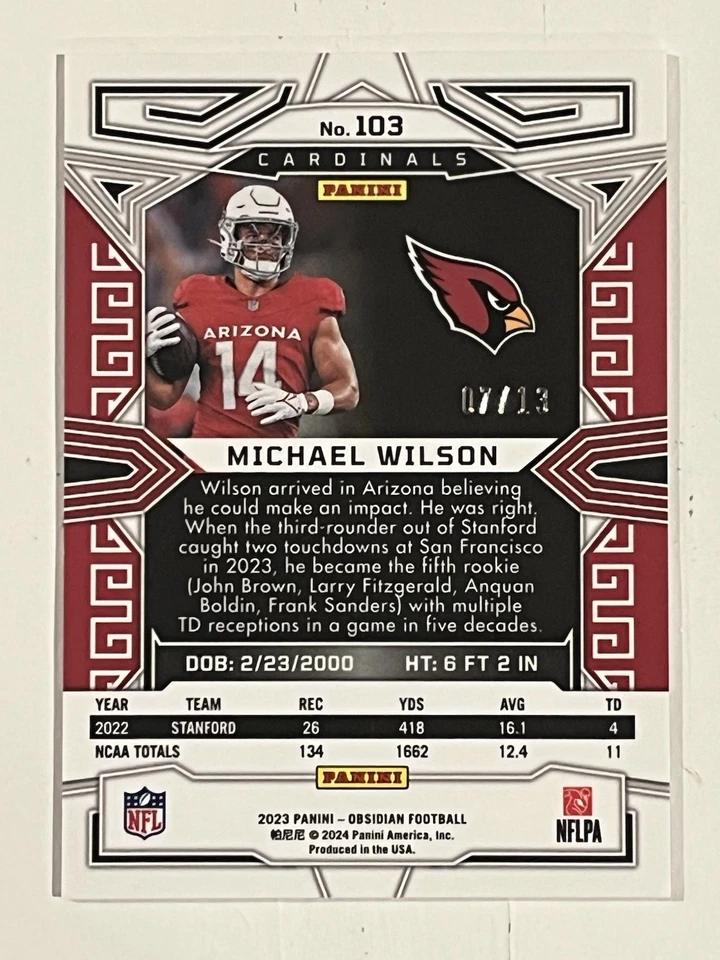 Michael Wilson 2023 Panini Obsidian Purple Flood RC #105 Cardinals /13 Mint - Image 2 of 2