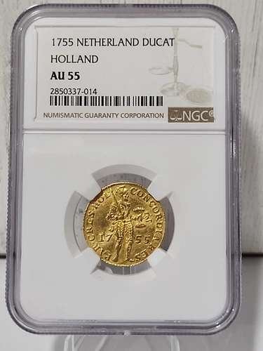 1755 Netherlands Gold Ducat Holland AU55 NGC