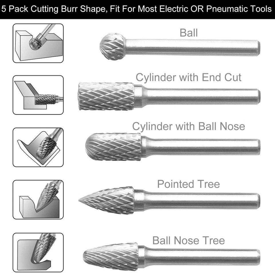Набор из 5 вращающихся заусенцев из карбида вольфрамовой стали, хвостовик 1/4 дюйма двойной вырез карбид... - Изображение 4 из 4