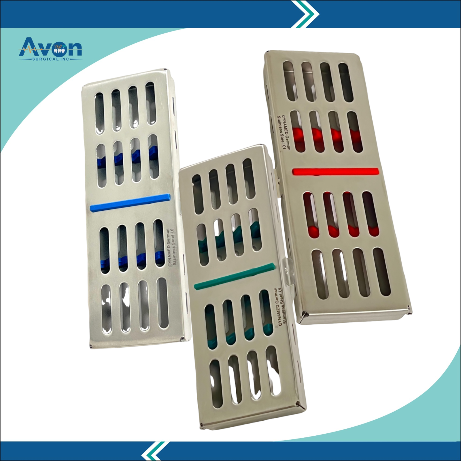 3 Pack - Sterilization Cassettes with Colored Silicone Inserts 7x2.5x0.75 Inches