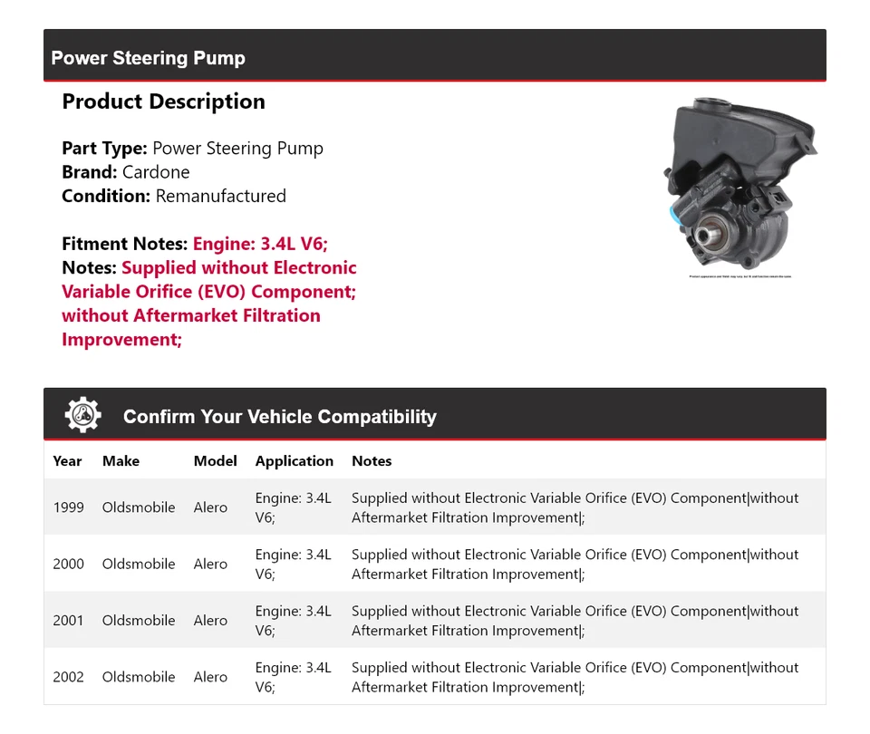 Bomba de dirección asistida Cardone 2000 2001 para Oldsmobile Alero 1999-2002 3,4 L V6 Foto 2 de 4