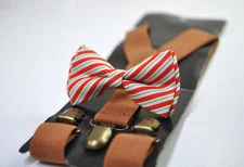 Xmas Christmas Red Green Candy Stripes Bow tie bowtie and Tan Elasitc Suspenders