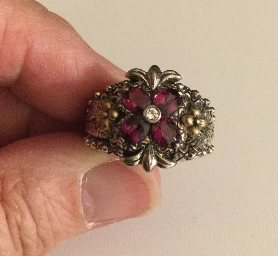 Anillo de cóctel Barbara Bixby oro 18K 925 granate piedras preciosas flor, talla 7,75 Foto 2 de 4