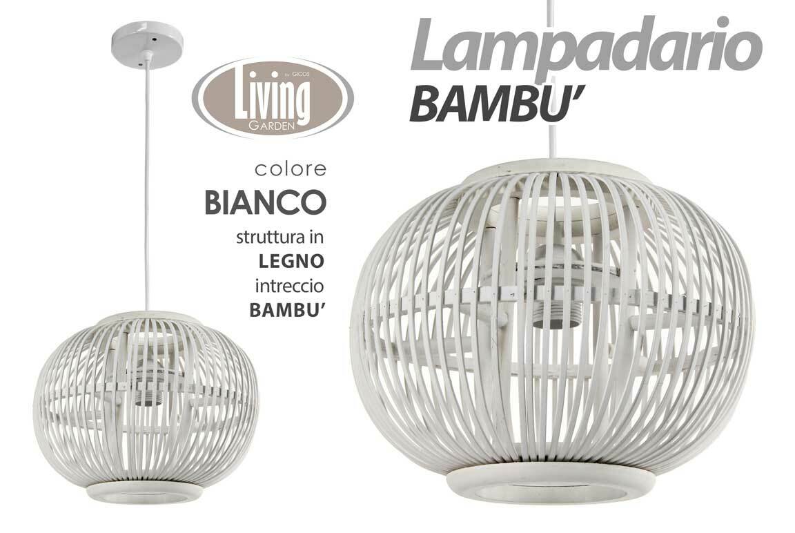 LAMPADARIO SOSPESO IN LEGNO INTRECCIO BAMBU' COLORE BIANCO 37*28 CM XDH-778070