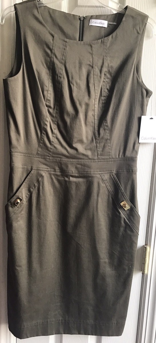calvin klein army green dress Calvin Klein Dress Womens 8 Olive Green Cinched Waist Midi Military Army Pencil