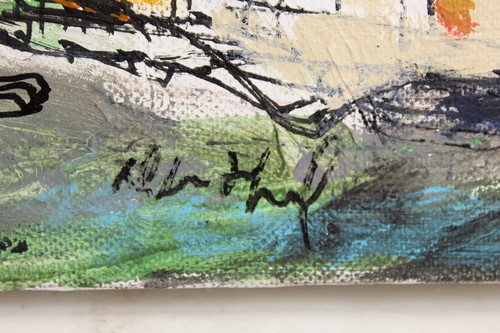 Original Modern Abstract Painting Cityscape Houses Water Canvas Signed - Picture 6 of 10