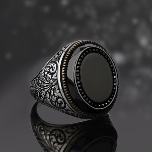 Solid Sterling Silver Black Onyx  Men's Ring Turkish Jewelry All Size    #892 - Picture 1 of 7