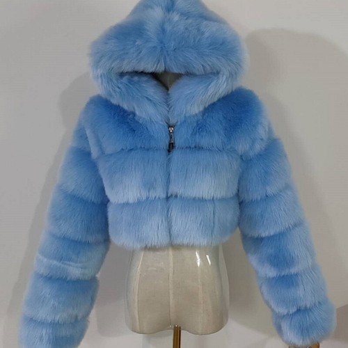 Lady Furry Cropped Faux Fur Coats Fluffy Top Coat W/Hooded Winter Warm Jacket - Picture 28 of 39