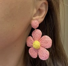 Light Pink Yellow Raffia Rattan Flower Tropical Beach Vacation Dangle Earrings