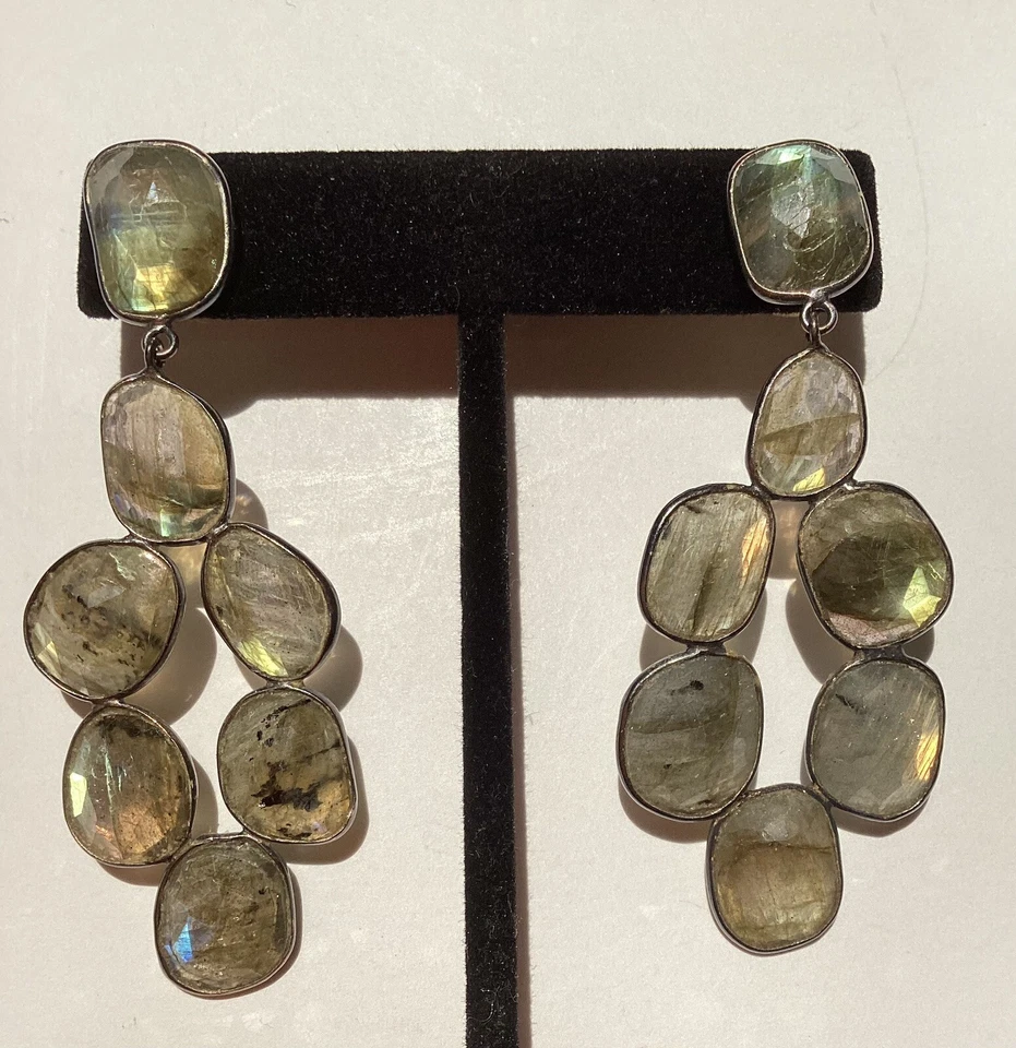 Fabulous Fiery 2.5” LABRADORITE Happy Grapes Earrings 18k Vermeil Over Sterling - Image 3 of 4