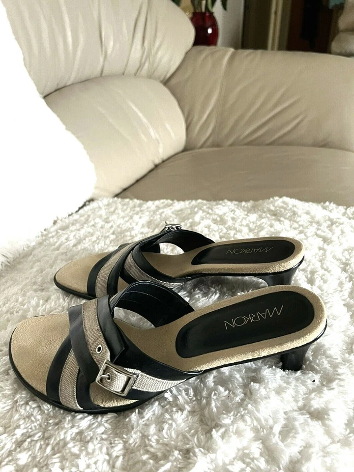 Sandalias de tacón para mujer Markon "Bailarina" NEGRAS/Beige con punta abierta 9 1/2 M Foto 2 de 4