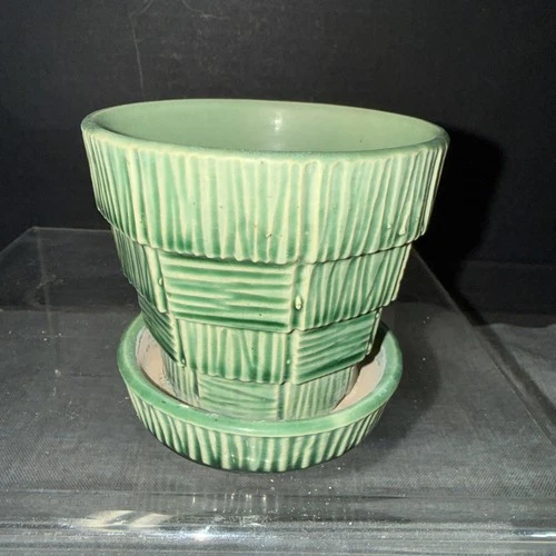 Vintage 3” McCoy USA Planter Green Basket Weave Flower Pot Ceramic