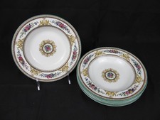 (6) Columbia White (Center Medallion, Green Trim) W595 Rim Soup Bowls 7 7/8"