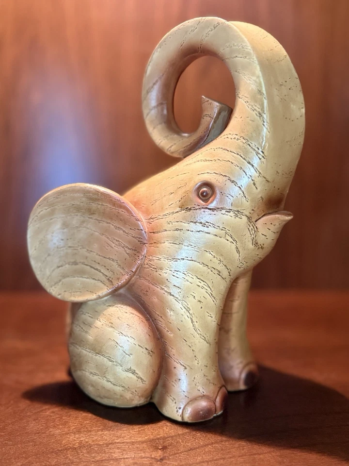 Elephant Statue Sculpture Resin Wood Like Finish Sitting Trunk Up 10” Tall X 6” - Image 2 of 4