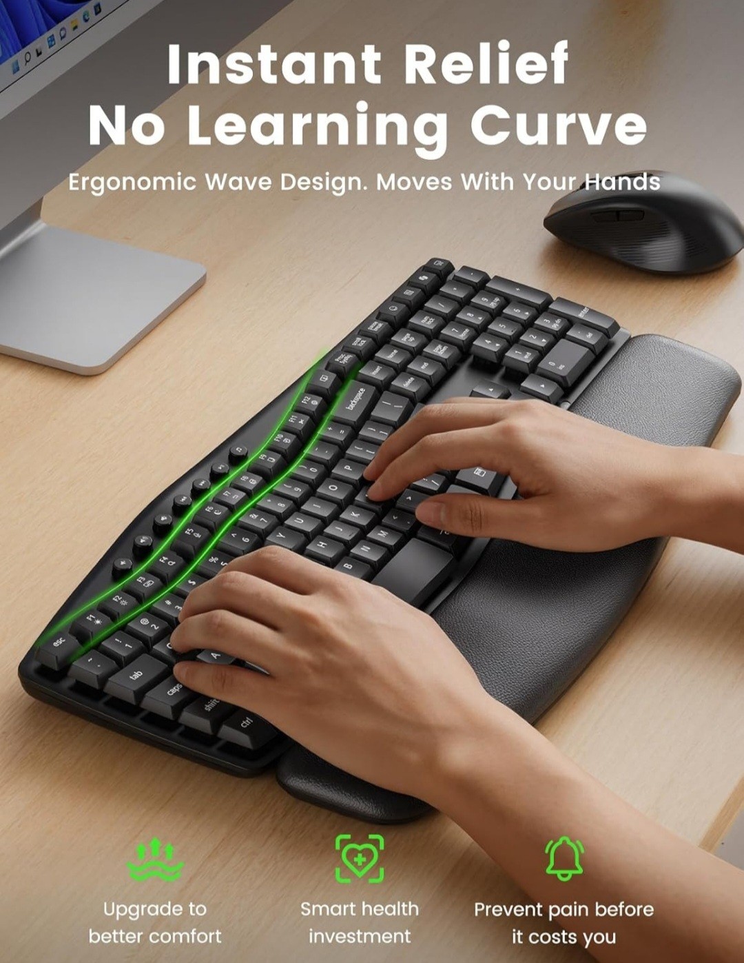 Wireless Keyboard/Mouse/USB, Ergonomic, Quiet Keys, Tilt Window+Mac Hand Comfort