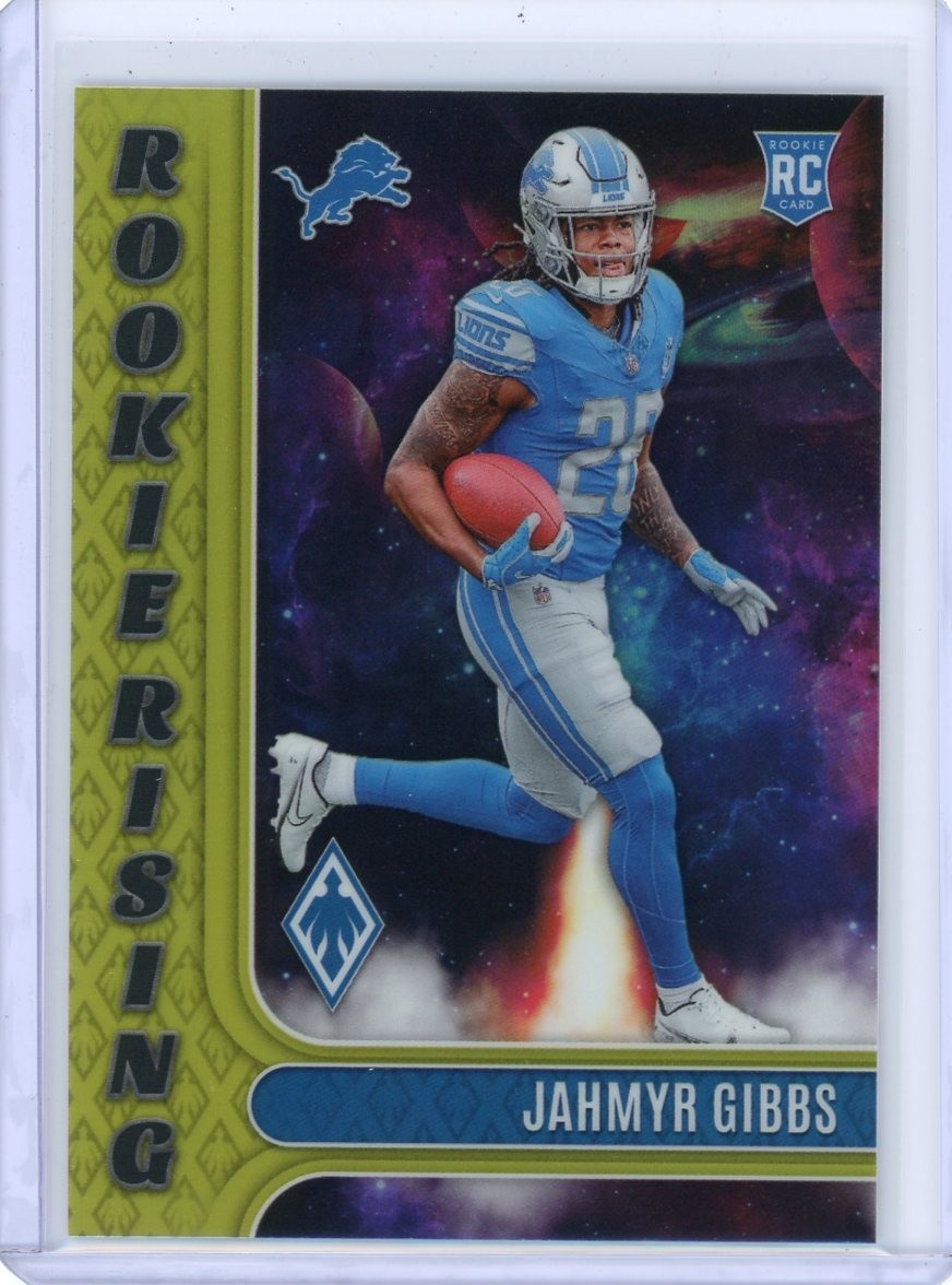 2023 Panini Phoenix #RIS-8 Jahmyr Gibbs Rookie Rising Yellow 16/75 - Lions