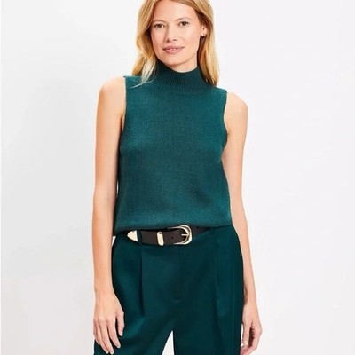 NWT Loft Womens M Forest Green Cotton Blend Funnel Neck Sleveless Sweater Vest
