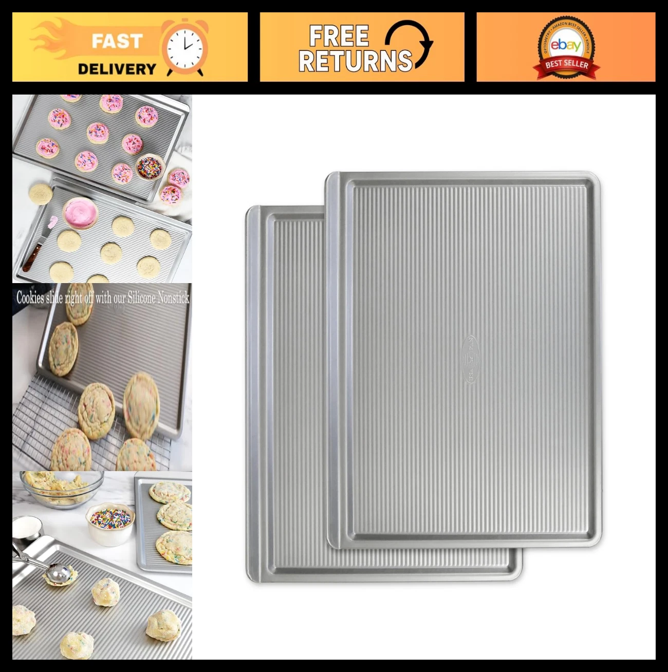 Nonstick Cookie Sheet Set of 2 - Warp Resistant Baking Pan, Aluminized Steel, US