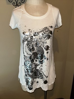 Lauren Moshi Silver Foil Trimmed Graphic Planets T-shirt HOLE S NWOT (A40)