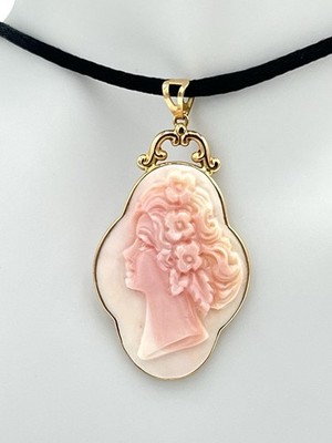 Cameo Pink Shell 35mm 14KT Gold Black Silk Cord Necklace