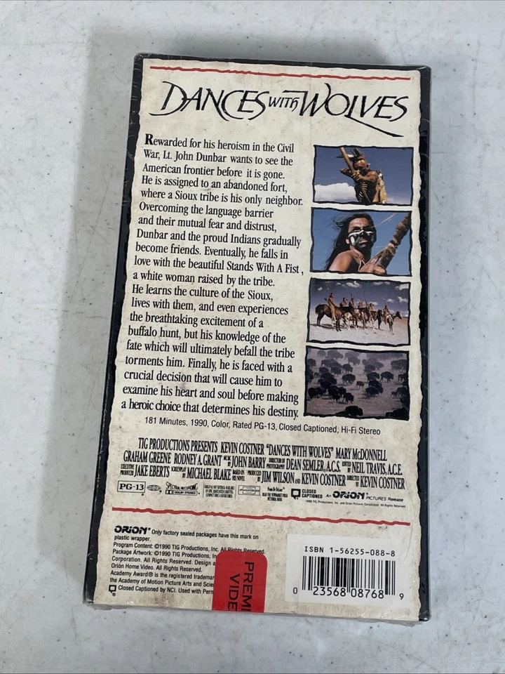 VHS Vintage Dances With Wolves FACTORY SEALED Premium Video Orion 1990 181 Min - Image 3 of 4