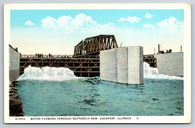 #ad Water Flowing Through Butterfly Dam Lockport Illinois IL Fred Harvey c1920 PC $4.95
