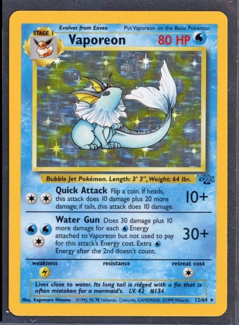 Pokemon Cards - Vaporeon 12/64 - Jungle Set Holo - eBay Live Fri 11th Jul 8:30pm