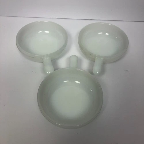 VTG Lot of 3 Glasbake Milk Glass Soup Chilli Bowls w/ Handles Solid White