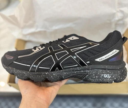 ASICS GEL Venture 6 Nero Argento Puro UK 9.6 NUOVO ✅ SPEDIZIONE VELOCE?