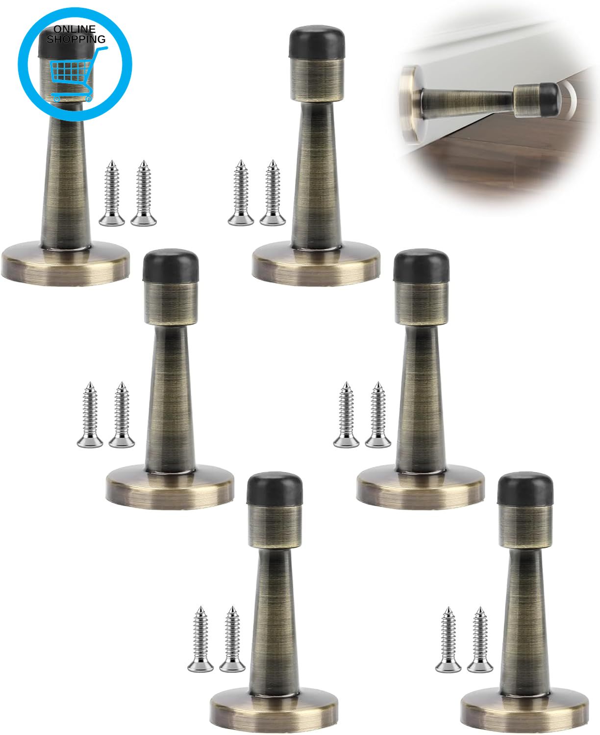 6 Pcs Antique Brass Door Stop, Wall Mounted Door Stoppers for Skirtings, Indoor
