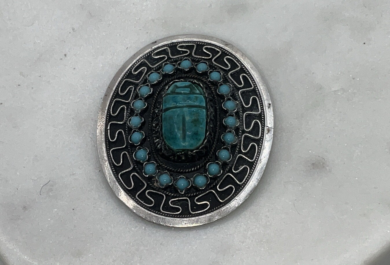 Antique Solid Silver Turquoise Scarab Pendant / B… - image 2