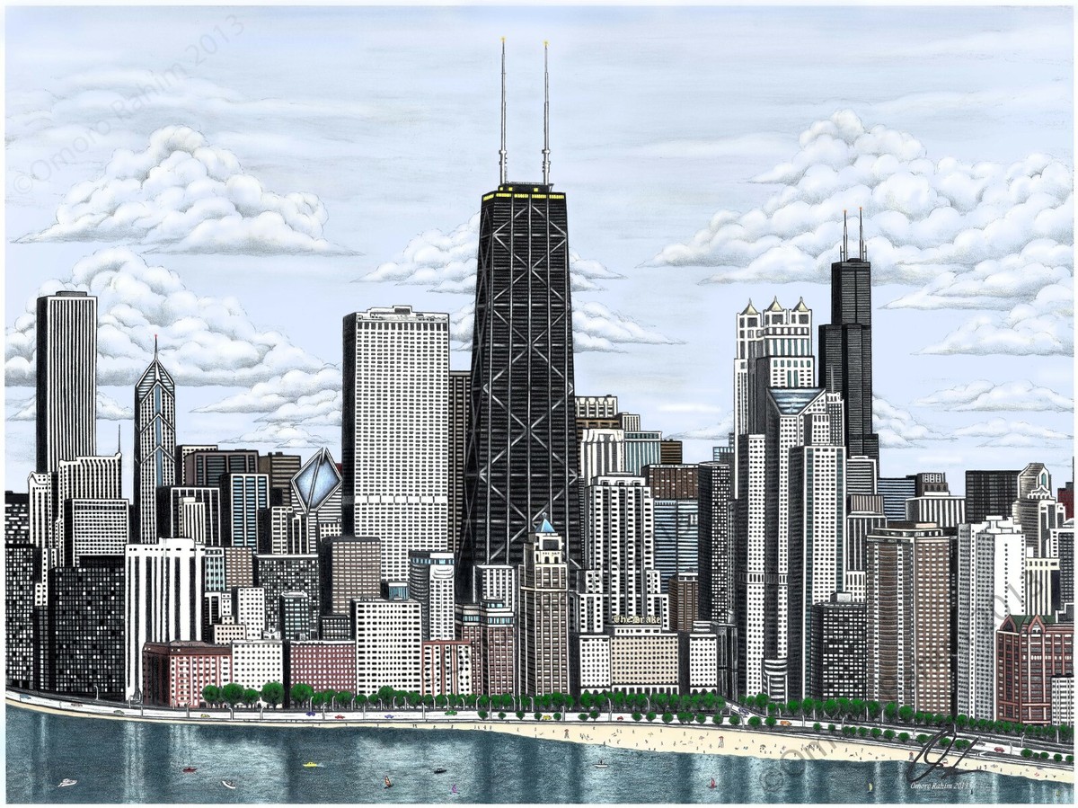 Chicago skyline drawing with Lake Michigan and Oak Street Beach- 18x24 inch | eBay chicago-skyline-drawing-with-lake-michigan-and-oak-street-beach-18x24-inch-ebay