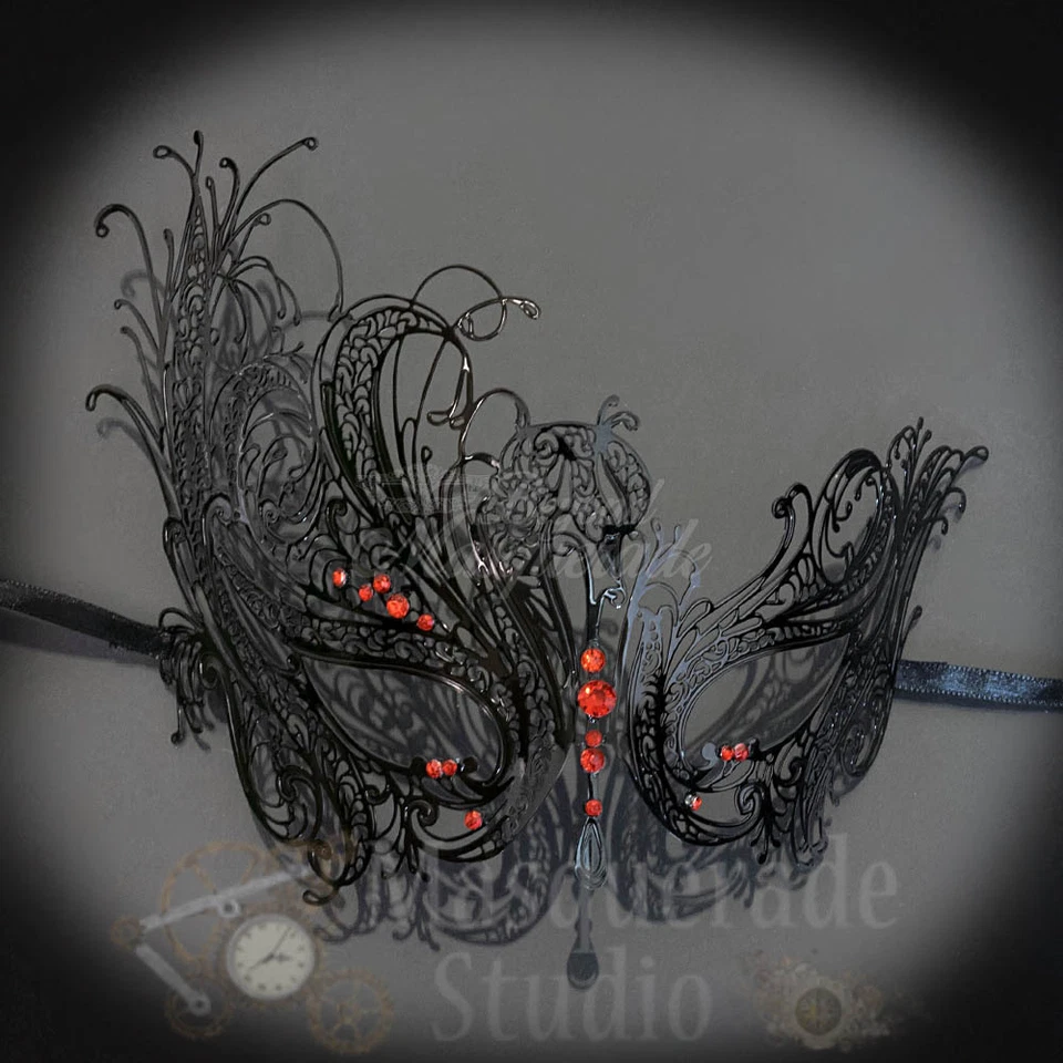 Womens Beautiful Swan Filigree Venetian Black Masquerade Mask [Red Rhinestones] - Image 2 of 4
