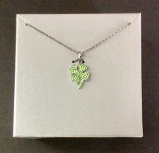 NEW Four Leaf Clover Necklace 18" Green Pave Crystals Silver Chain Good Luck