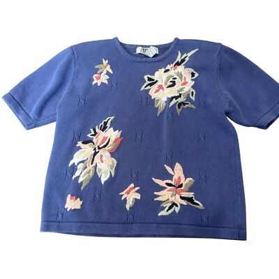 Segue Vintage Embroidered Cottage-Core Floral Knit Sweater - Size L