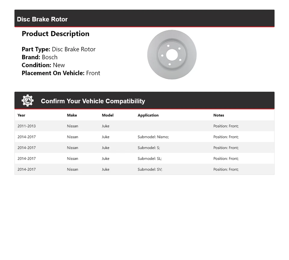 Para 2011-2017 Nissan Juke Bosch QuietCast rotor de freio a disco dianteiro 2012 2013 2014 - Imagem 2 de 4