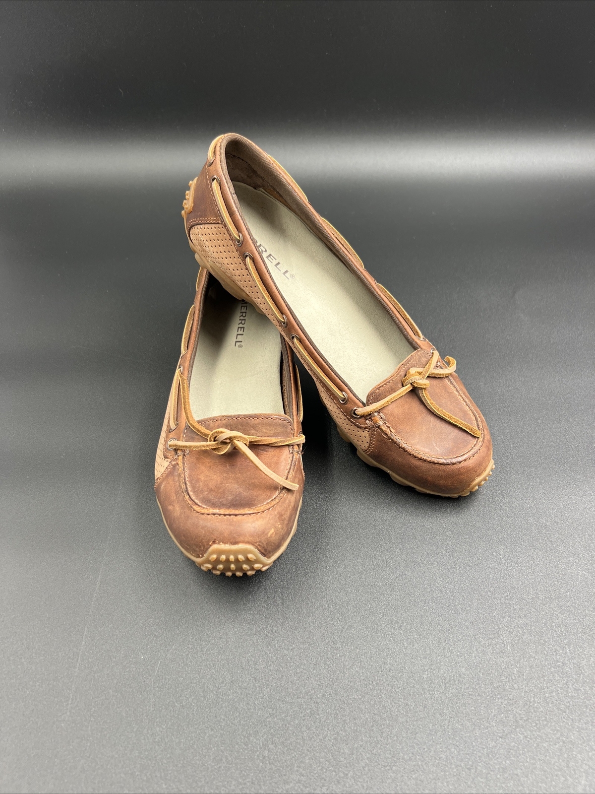 Abito donna Merrell Vibram mocassino piatto marrone beige scuro scamosciato taglia 7 5