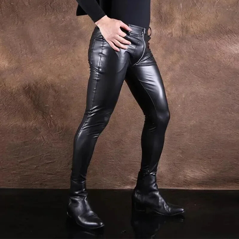 Men Sexy Leather Skinny Pants Male Exotic Bodycon PU Stretch Stage