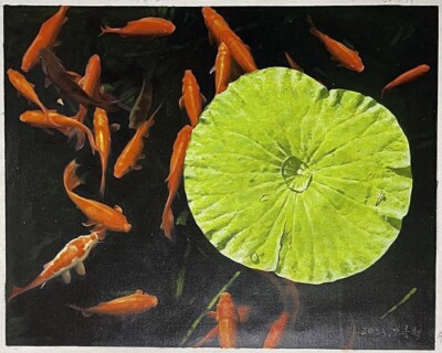 Original Ölgemälde auf Leinwand, Koi Fische und Lotus, Biete Rahmenservice an