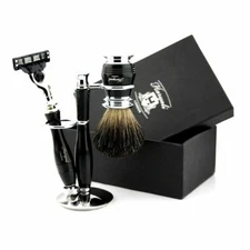 Shave Set 3 Edge Cartridge Razor, Stainless Steel Stand & Black Badger Brush