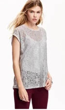 Old Navy Top Lace Front Semi Sheer Boxy T-Shirt Blouse In Gray Size Medium 