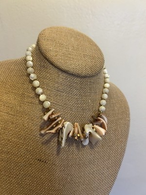 Miriam Haskell Shell Necklace Choker Signed Mother of Pearl Gilt Coral Beads
