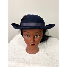 Doeskin Felt Dark Blue Wool Fedora Hat Feathers Ribbon Vintage USA Made