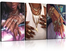 3Pcs Black Girls Wall Art African Fashion Canvas Print Luxury Shiny Picture G...