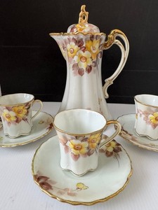 Nippon Hand Painted Chocolate Tea Pot w/ 3 Cups Saucers Gold Floral Trim Vintage