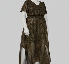 MSK Women's Gold Chiffon Metallic V-Neck Flutter-Sleeve Maxi Dress Plus Size 2X